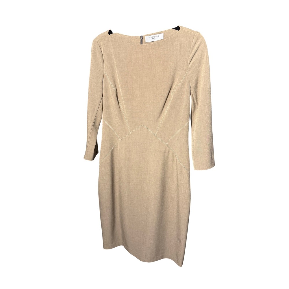 MM.LaFleur Etsuko Dress Taupe Beige Sheath 3/4 Sleeve Contrast Stitch Size 8